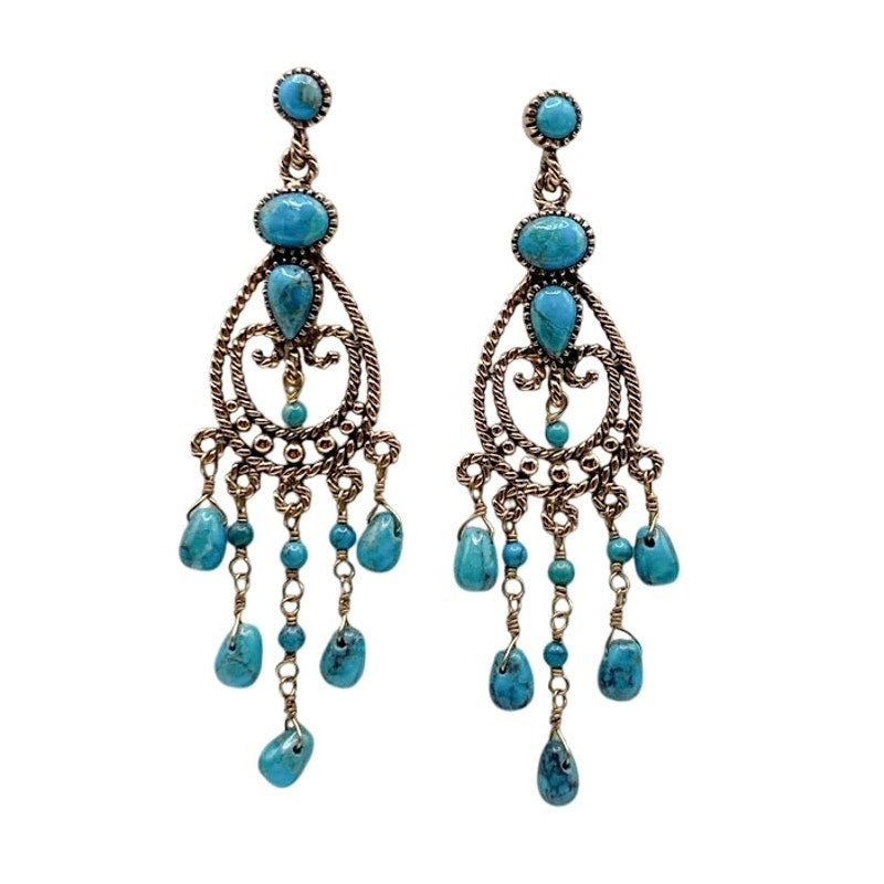 Barse Vintage Gold Filled And Turquoise Chandelier Dangling Studs Earrings 3”