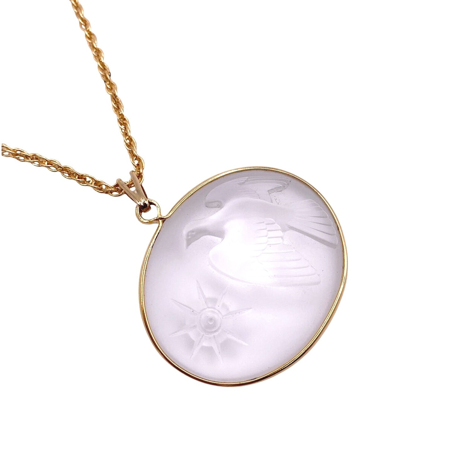 Nina Ricci Lalique Frosted Glass Peace Dove with Star Pendant Necklace Gold Tone