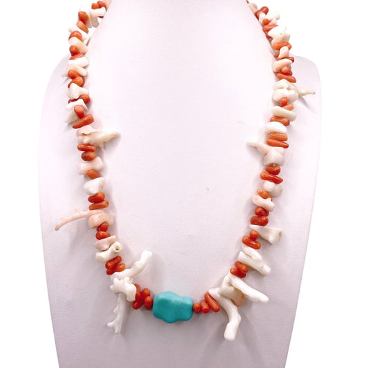 Vintage white And Pink Coral Necklace with Turquoise 16” Handmade