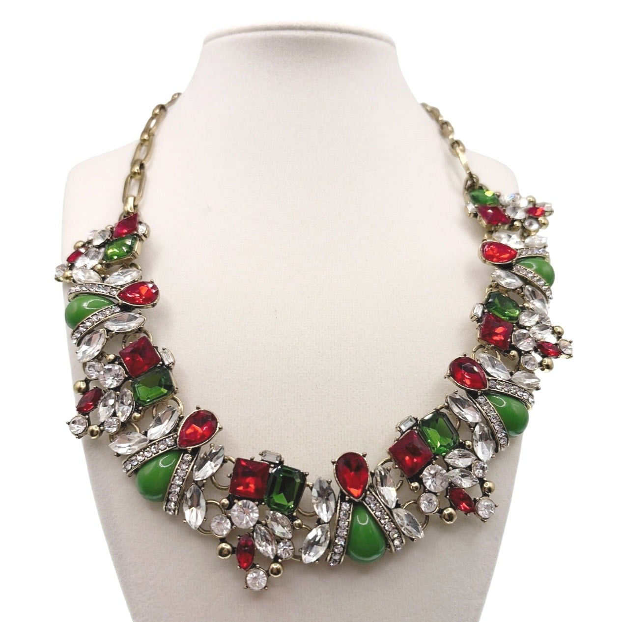 Vintage Christmas Edition  Red and Green Rhinestones Statement Pendant 17”