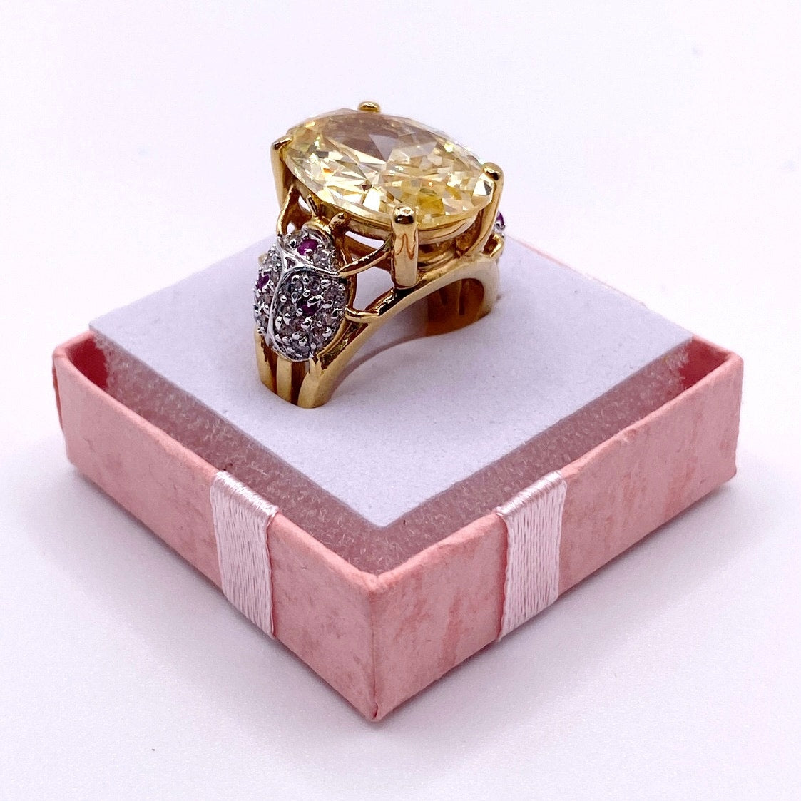 Gold Electroplated Cocktail Ring with Lab Created Rubies and large Yellow Topaz Size 7