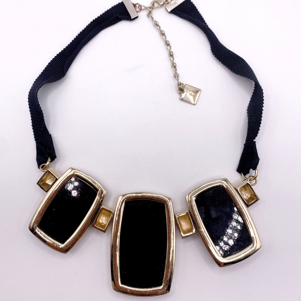 Anne Klein Signed Vintage Ribbon Necklace Black and Gold Toned