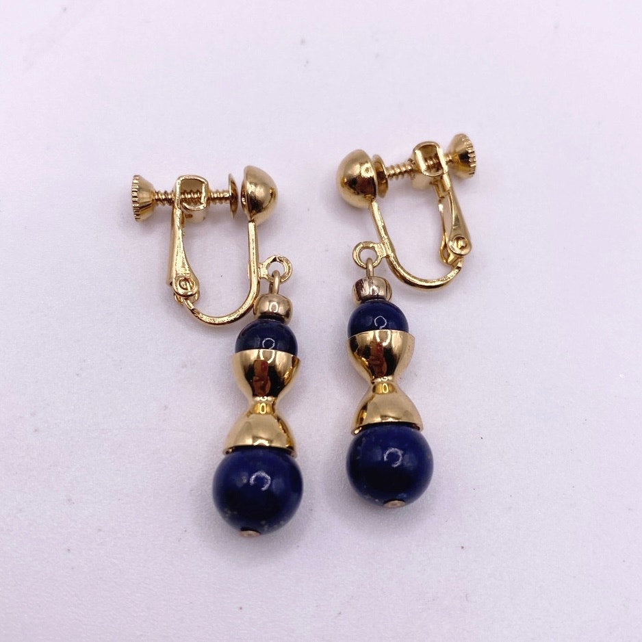 Vintage Gold Filled Dainty Screw Back Earrings With Lapis Lazuli Beads