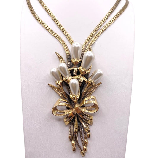 Ravana Vintage Faux Pearl Floral Bouquet Double Chain Necklace 18"