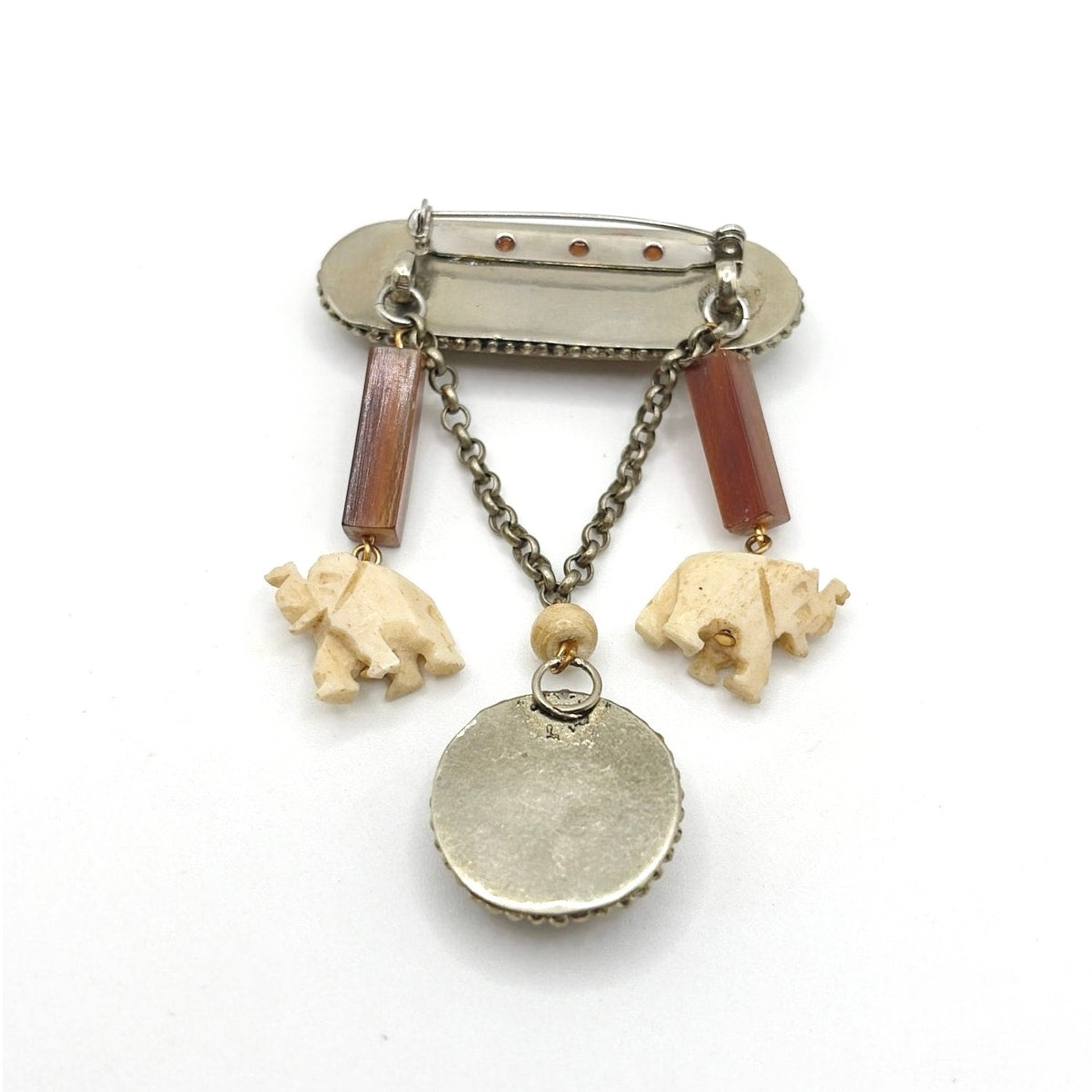 Vintage Silver Tone Metal Carved Animals on Large Bar Pin Brooch