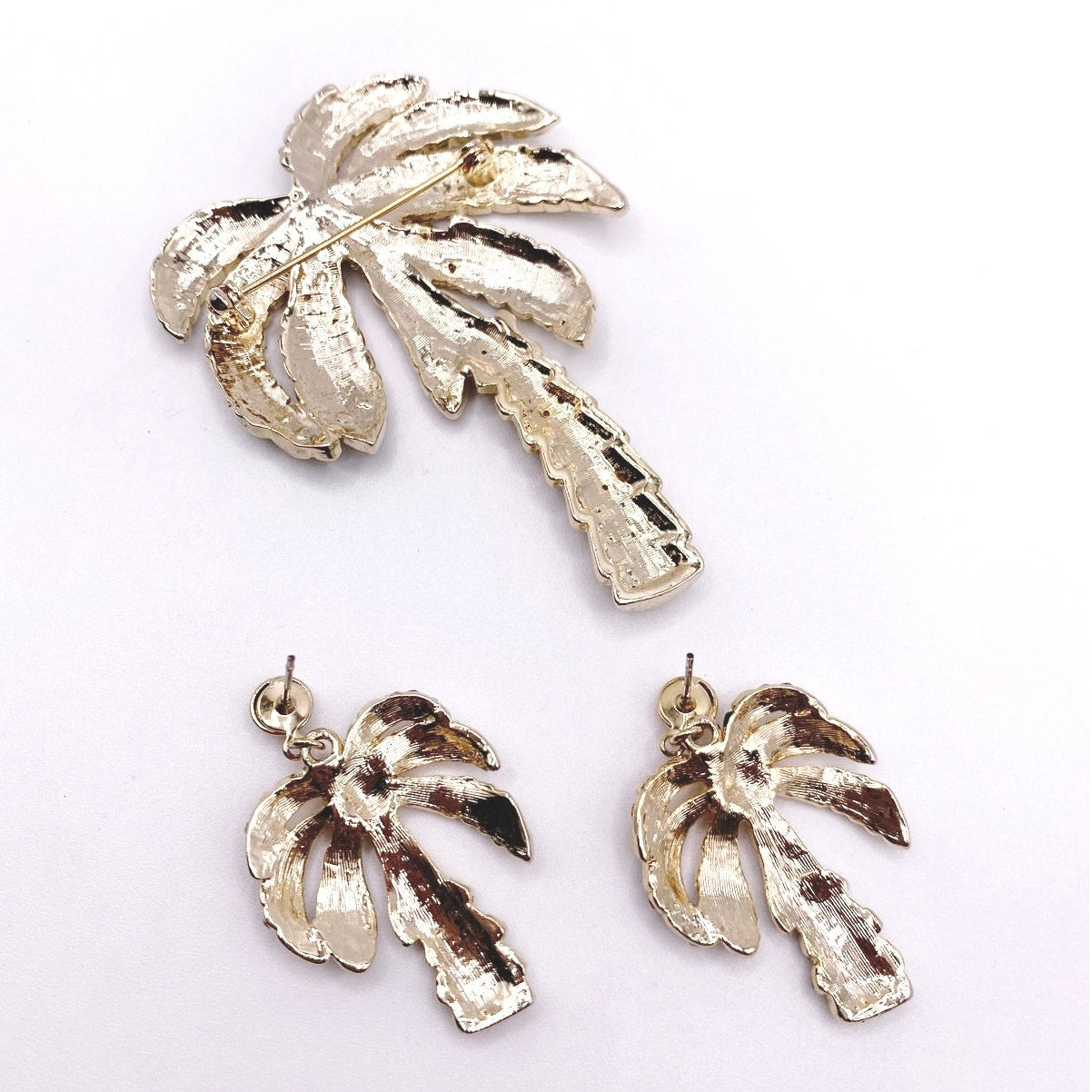 Palm Tree Rhinestones And Enamel Earrings and Brooch Set