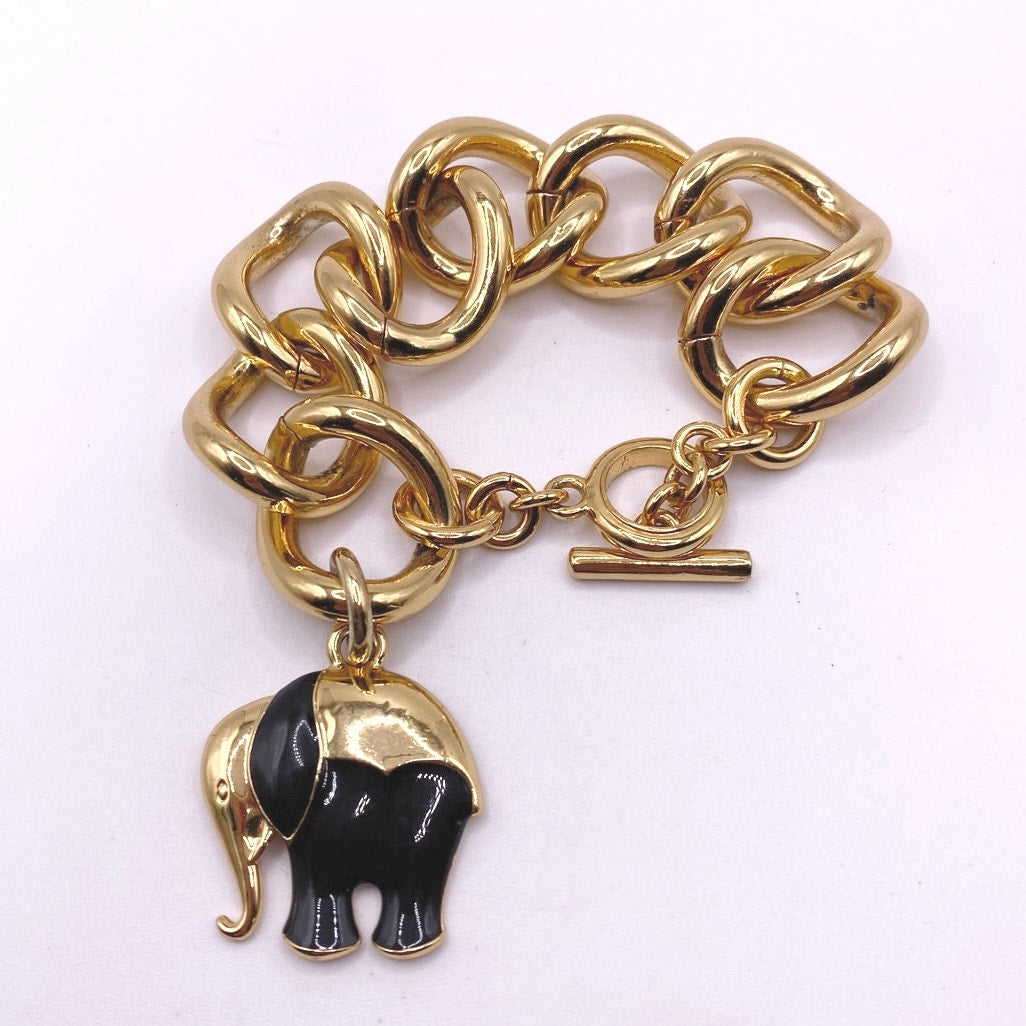 Trina Turk Vintage Chunky Links Bracelet Gold Tone Elephant Charm 8”