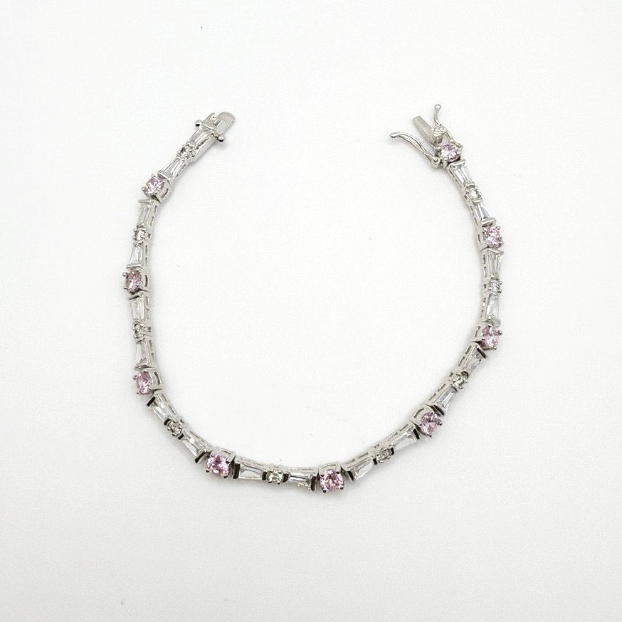 Vintage Tennis Bracelet Silver Plate Signed JDI Pink and White CZ Crystals 7"
