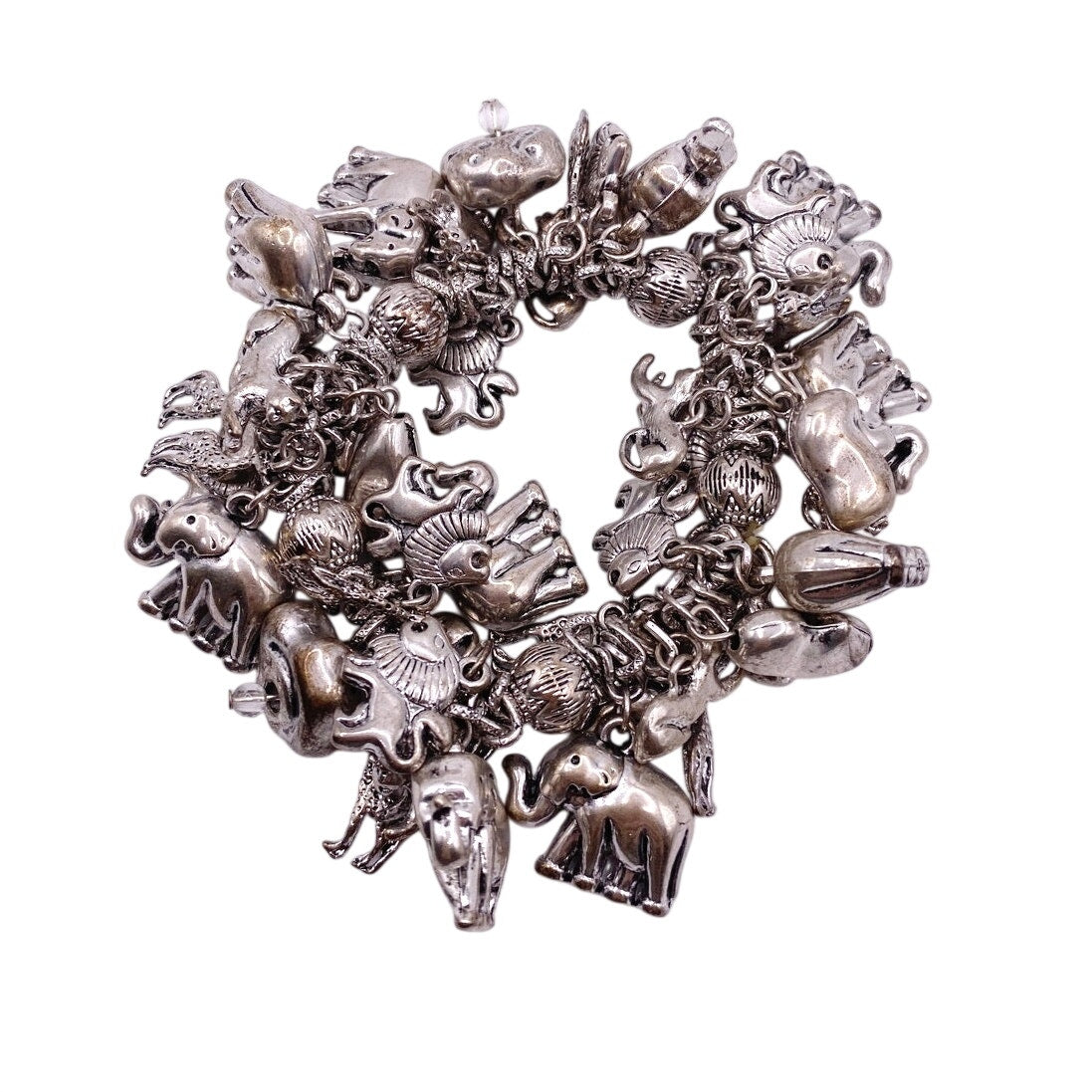 Safari African Animal Charms Stretchy Bracelet Silver Tone Size 7
