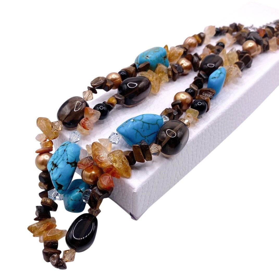 Gemstones Vintage Necklace Turquoise Smoky Quartz and Citrine Double Strand 17”