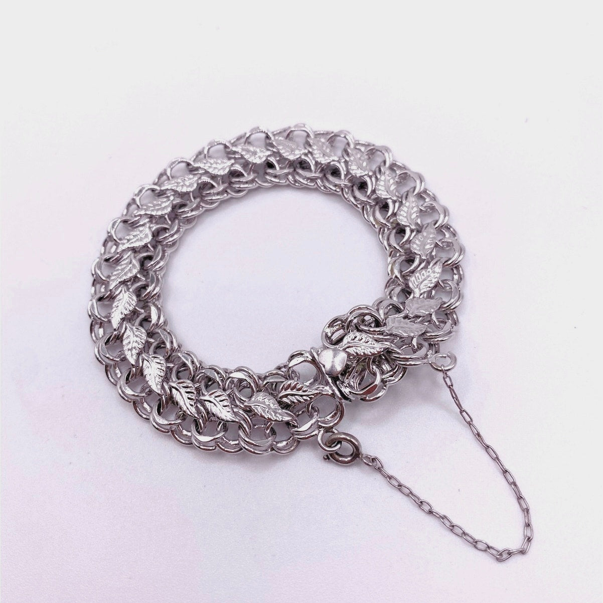 Vintage Sterling Forstner Bracelet 925 With Safety Chain and Leafs Motifs 6.5”