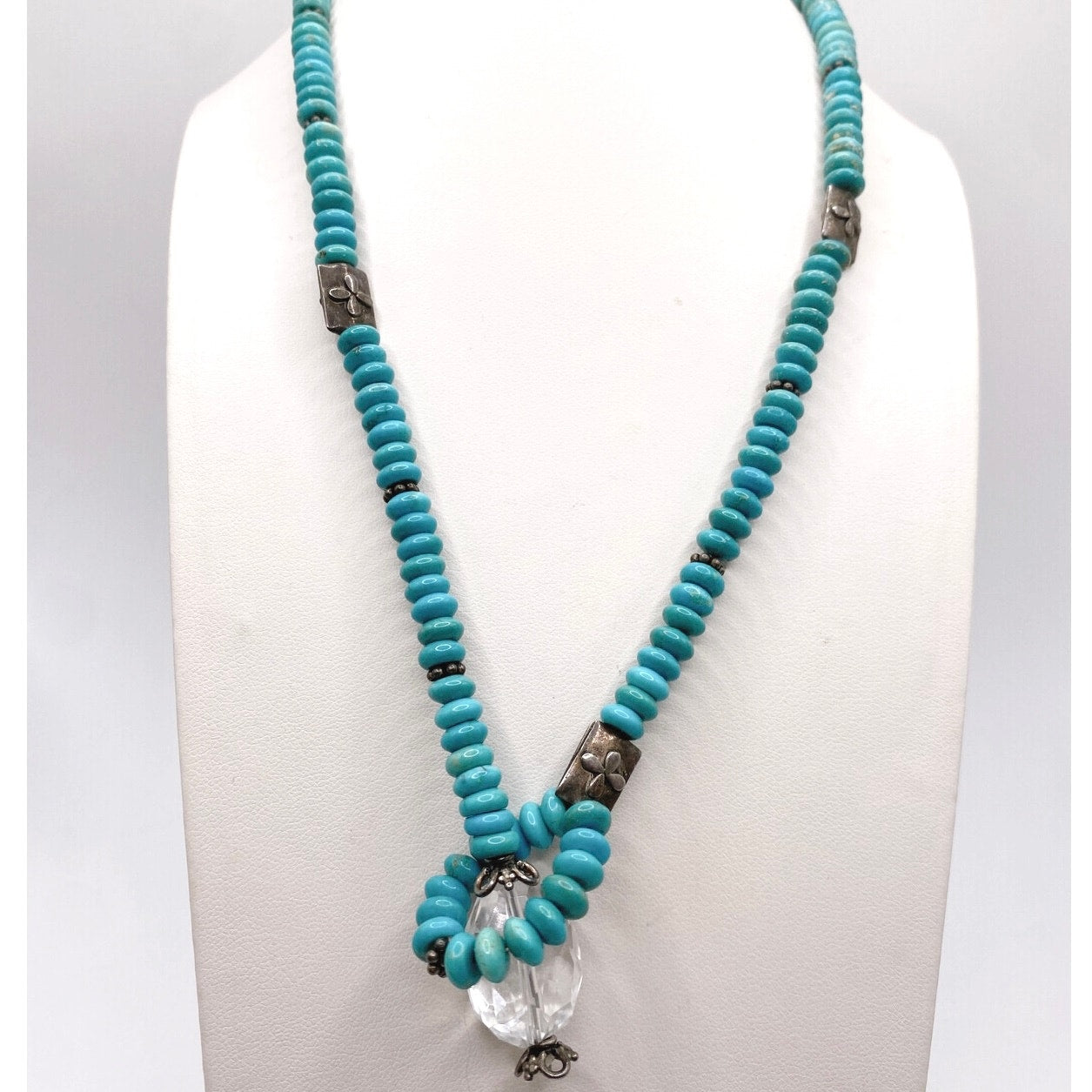 Vntg Turquoise and Sterling Silver Necklace 17” with Faceted Quartz Bead Pendant