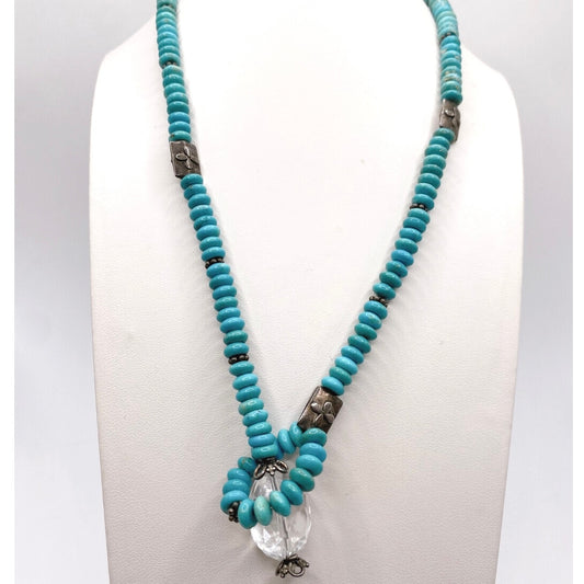 Vntg Turquoise and Sterling Silver Necklace 17” with Faceted Quartz Bead Pendant