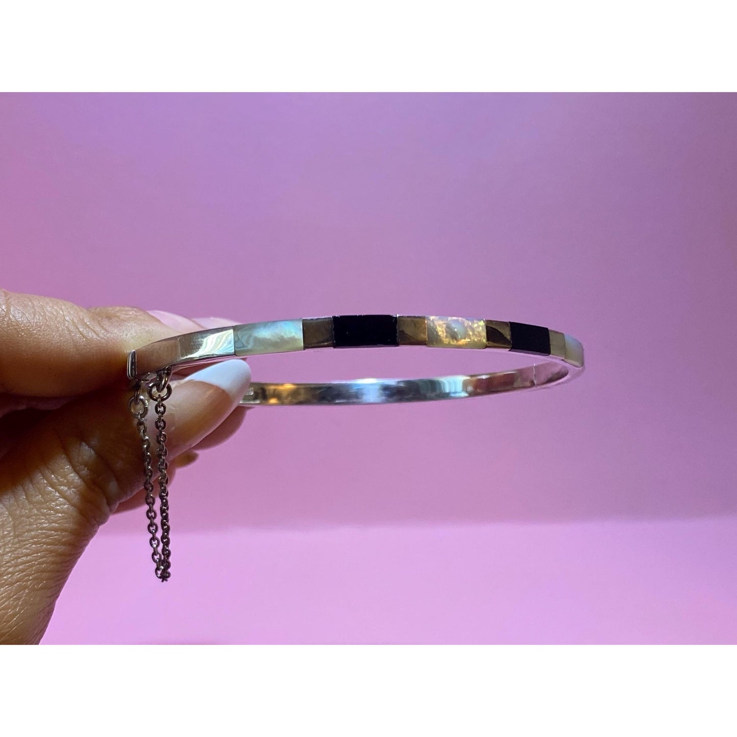 Sterling Silver Bangle Bracelet Mother Of Pearl and Onyx