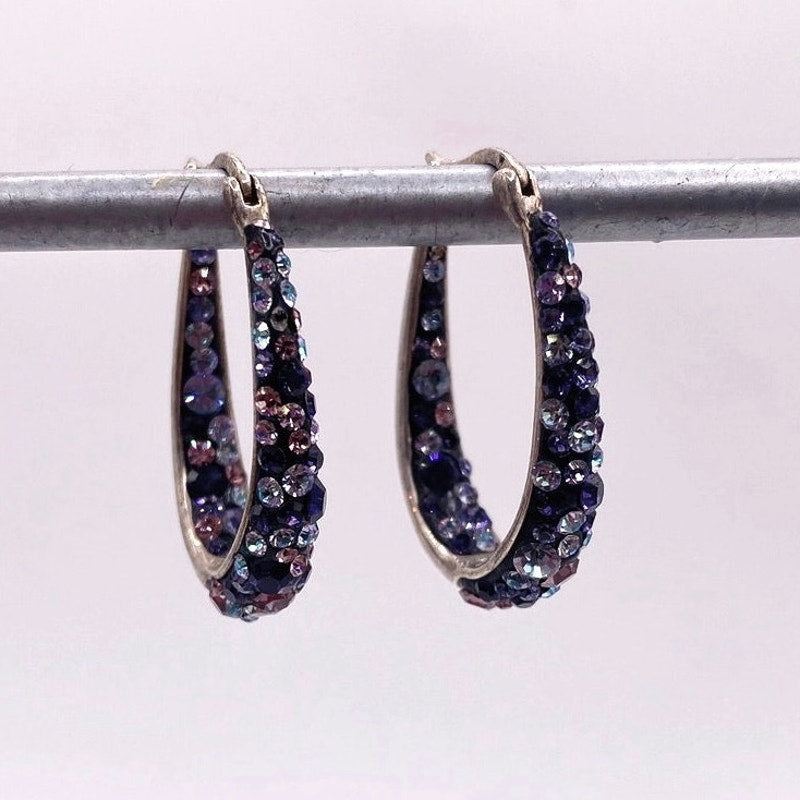 Vintage Hoops Earrings Brass and Pave Purple Crystals