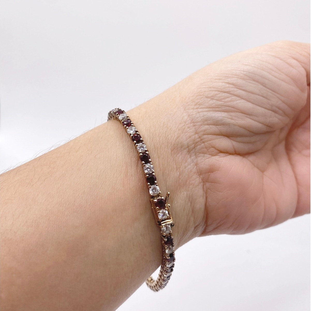 Vintage Sterling Silver Gold Vermeil 925 Bracelet Red and White CZ 3mm Size 7”