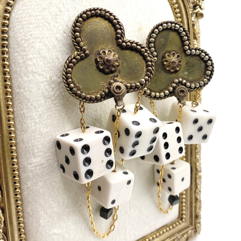 Vintage Brass and Resin Dice Handmade Statement Clip On Earrings 80s Style