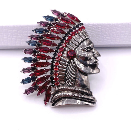 Vntg Indian Head Chief Gunmetal Red Blue Purple Rhinestones headdress brooch