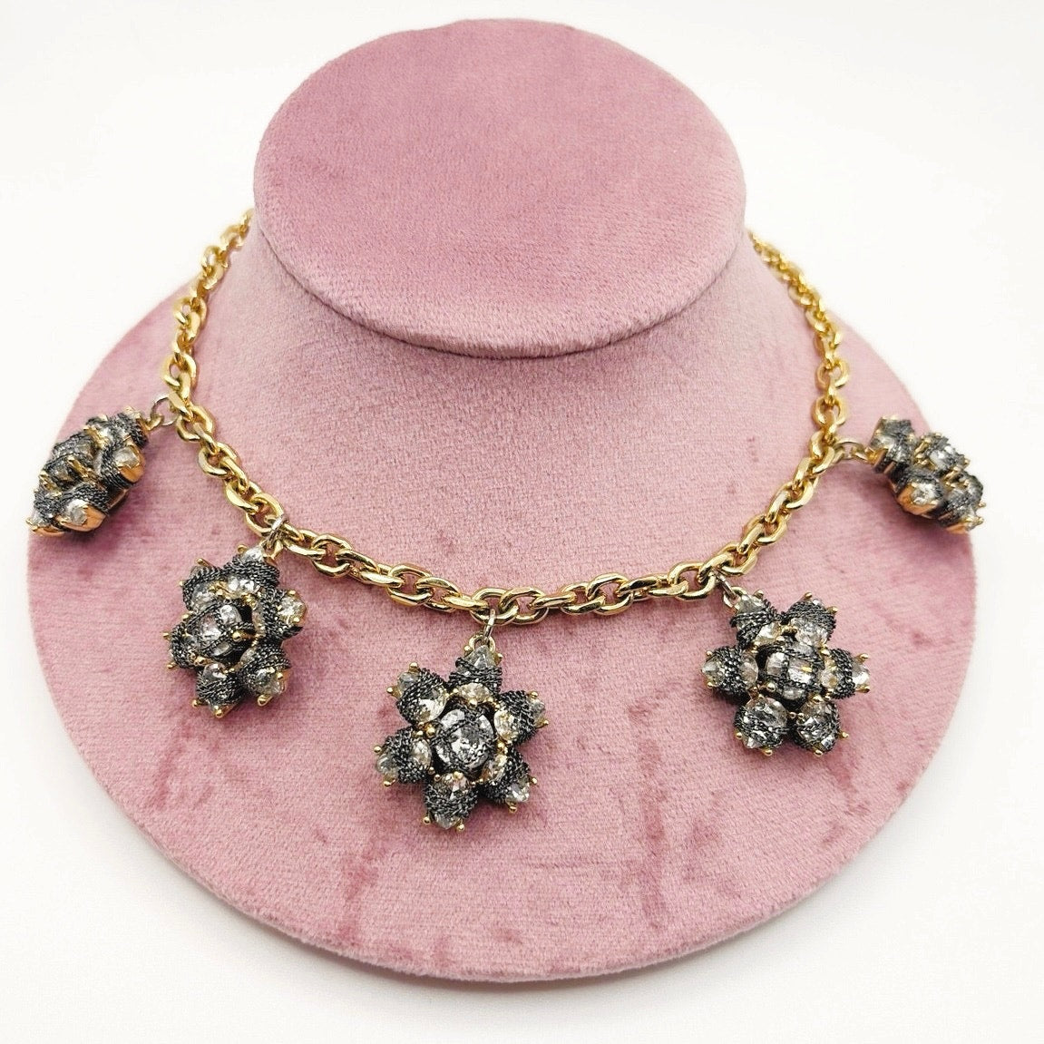 Ann Taylor Vintage Flower Crystal Charm Necklace 18”