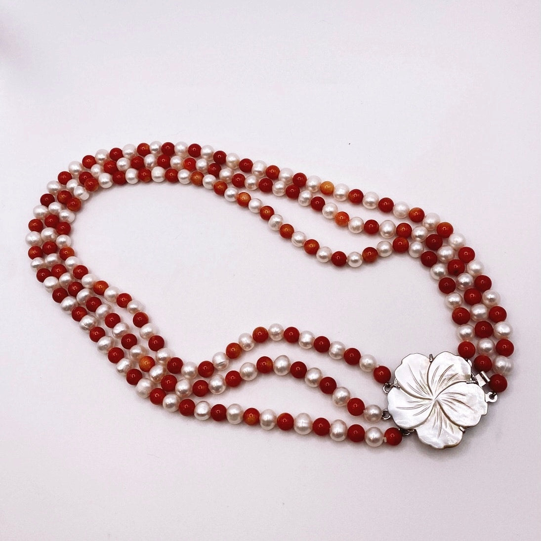 Three Strand Freshwater Pearl and Red Coral Necklace With Motherofpearl Clasp