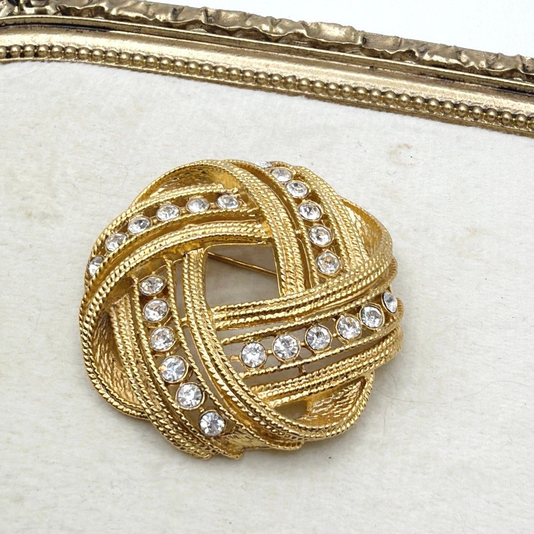 Vintage Brooch Rhinestones knot Gold Tone