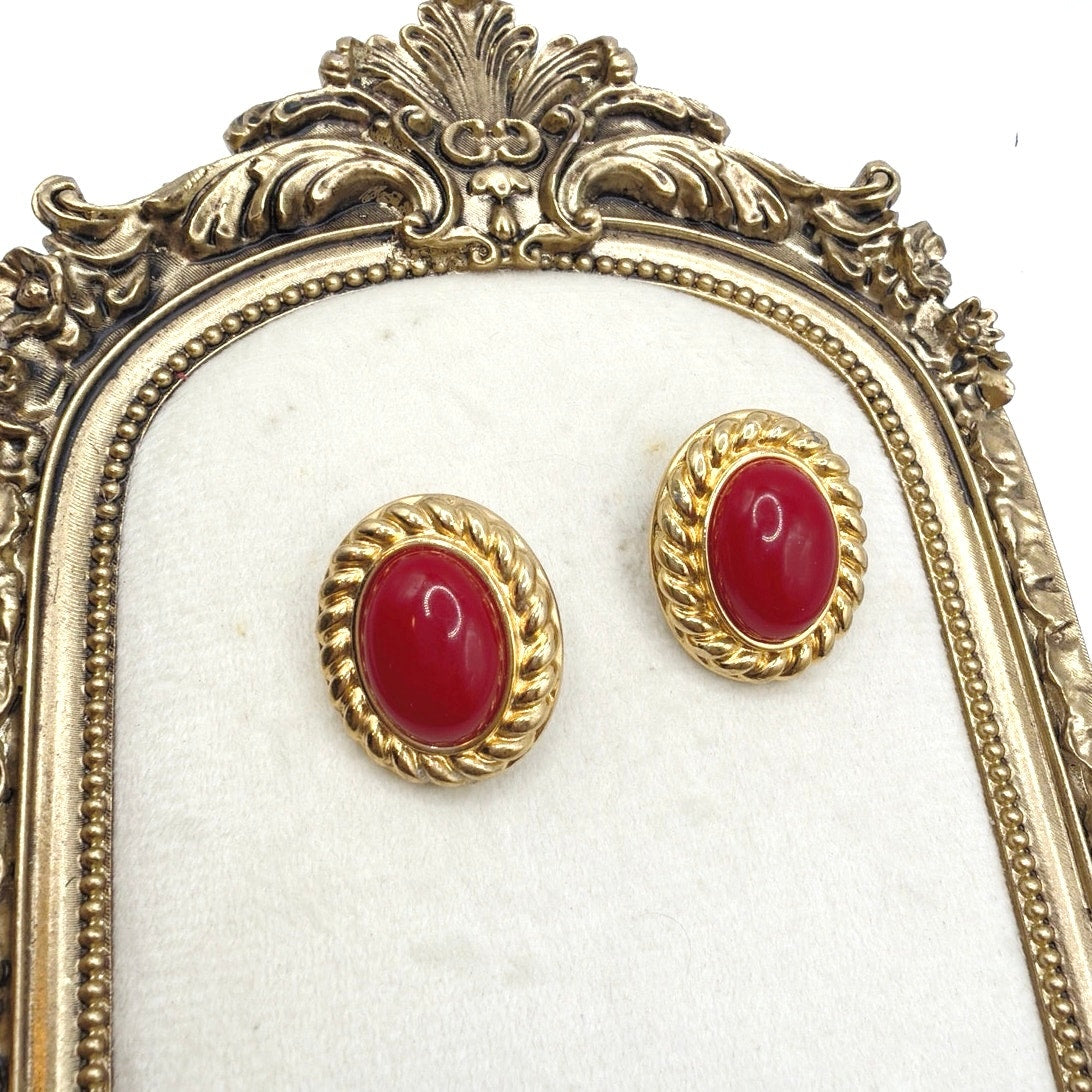 Monet Vintage Clip On Earrings Red Lucite and Gold Tone