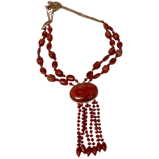 Vtg Art Deco Red Sponge Coral Tassel Necklace