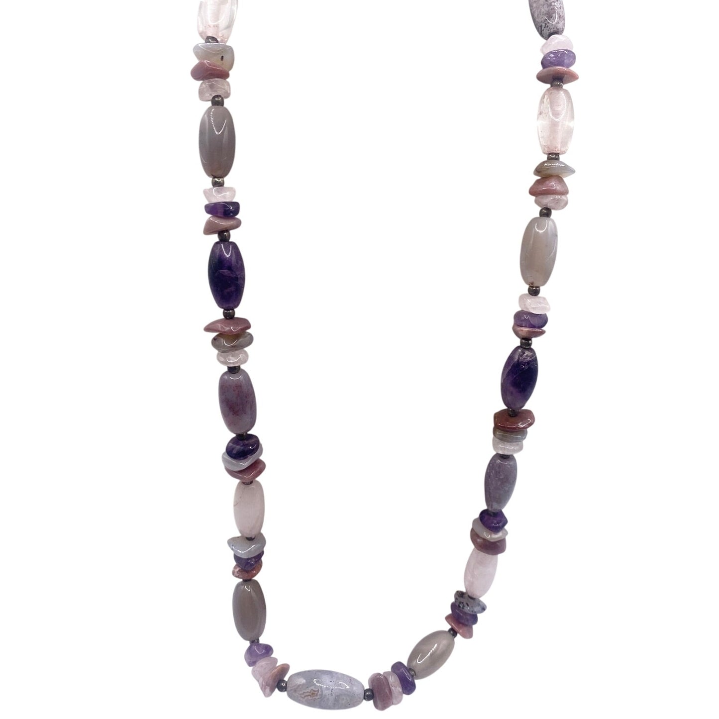 Vintage Handmade Amethyst and Mixed Gemstones Necklace Beautiful Polished