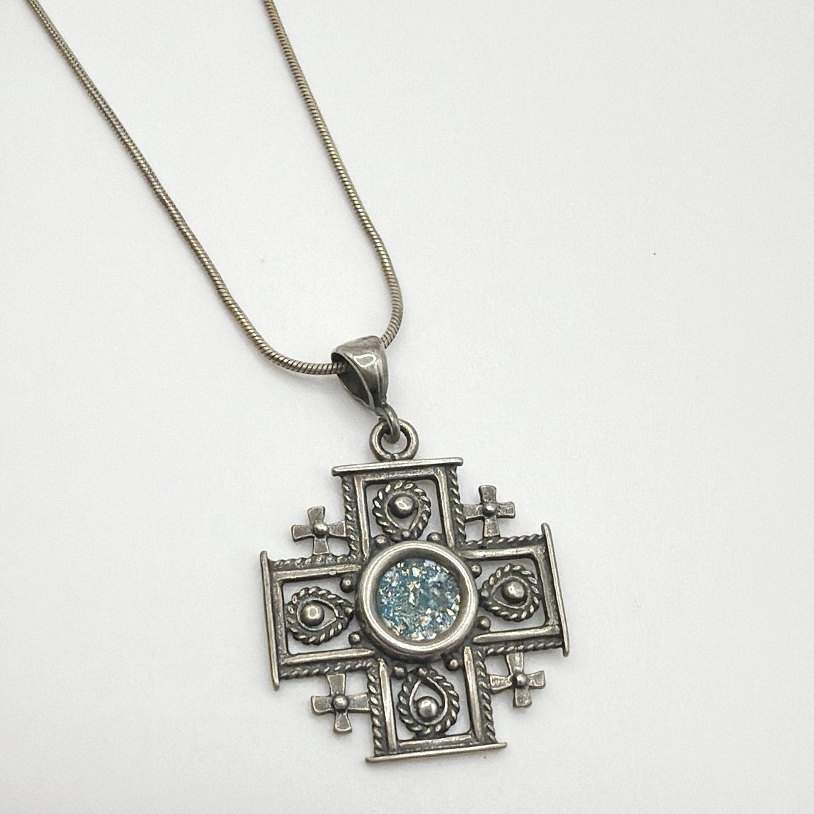 Ancient Roman Glass 925 Sterling Silver Necklace with Pendant and Jerusalem Cross