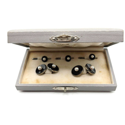 Mikimoto Vintage Sterling Silver Cufflinks & Shirt Stud Set Onyx Pearl Art Deco