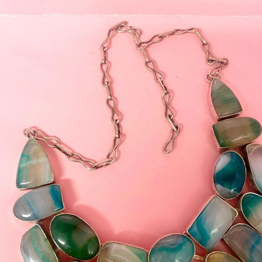 Dyed White Agate Green Tone Sterling Silver Plated Statement Necklace
