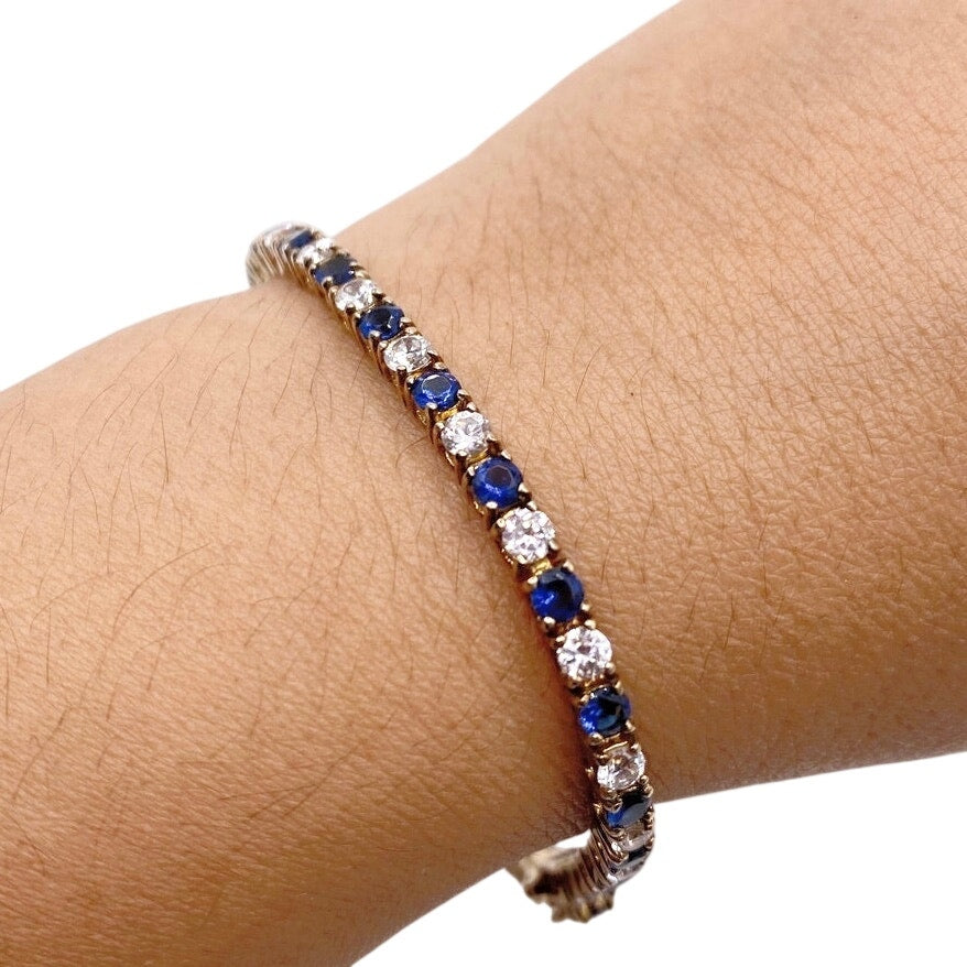 Vintage Sterling Silver Gold Vermeil 925 Bracelet Blue and White CZ 3mm Size 7”