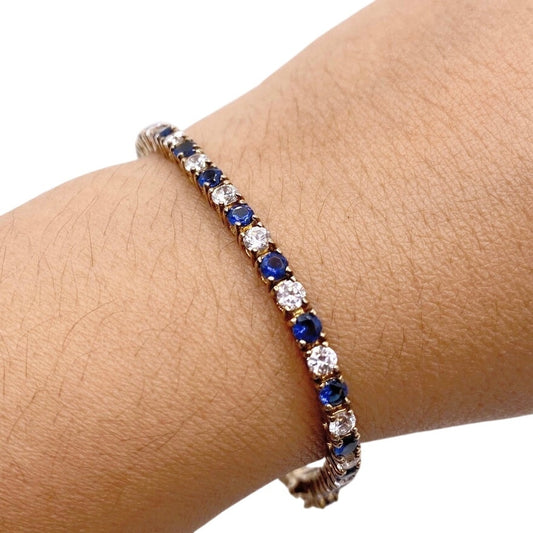 Vintage Sterling Silver Gold Vermeil 925 Bracelet Blue and White CZ 3mm Size 7”