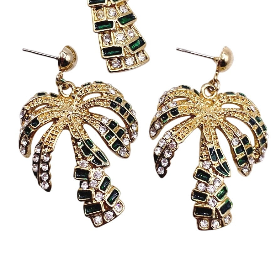 Palm Tree Rhinestones And Enamel Earrings and Brooch Set