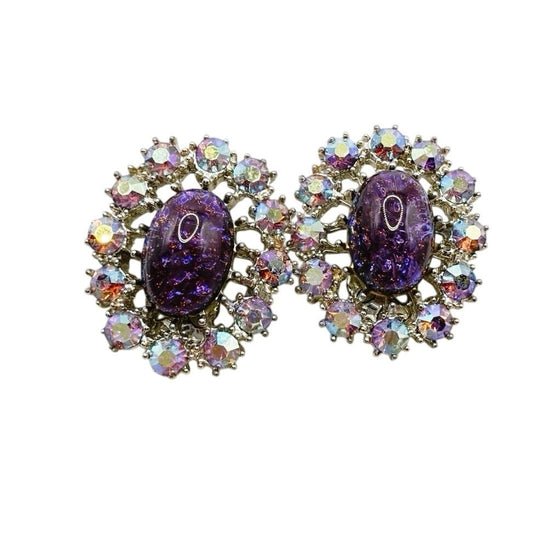 Coro Vintage Purple Dragon Breath Stones Silver Tone Clip on Earrings