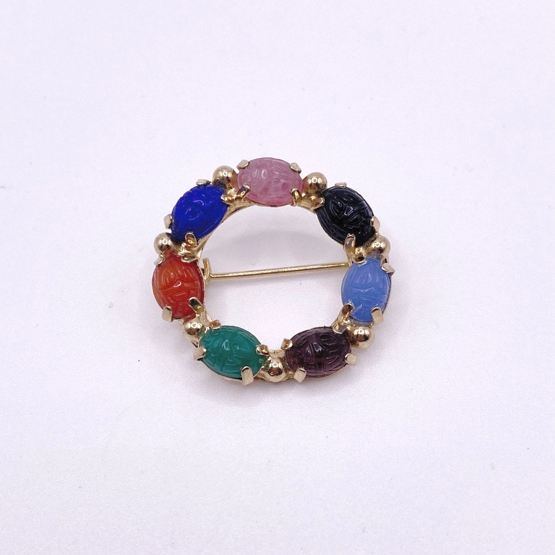 Vintage Egyptian Revival Scarab Gemstones Brooch 1” Long