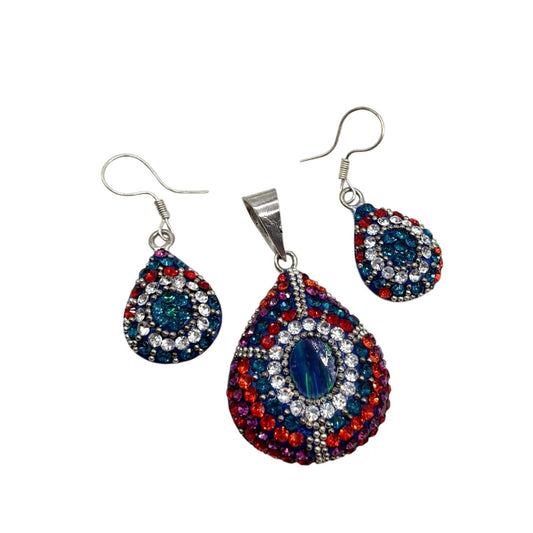 Sterling Silver Vintage Mosaic Pendant and Earrings Set Colorful Rhinestones
