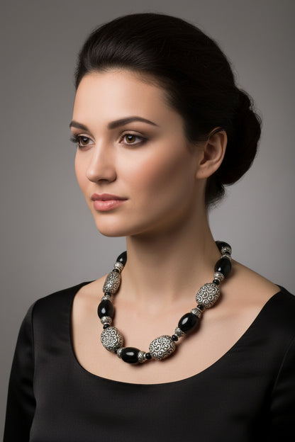 Brighton Vintage Onyx Gemstone Silver Plated Adjustable Necklace 20”
