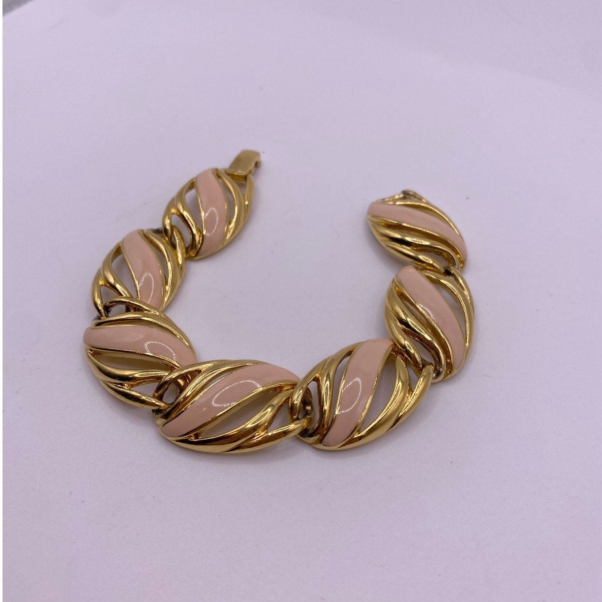 Trifari Vintage Pink and Gold Tone Enamel Bracelet 7”
