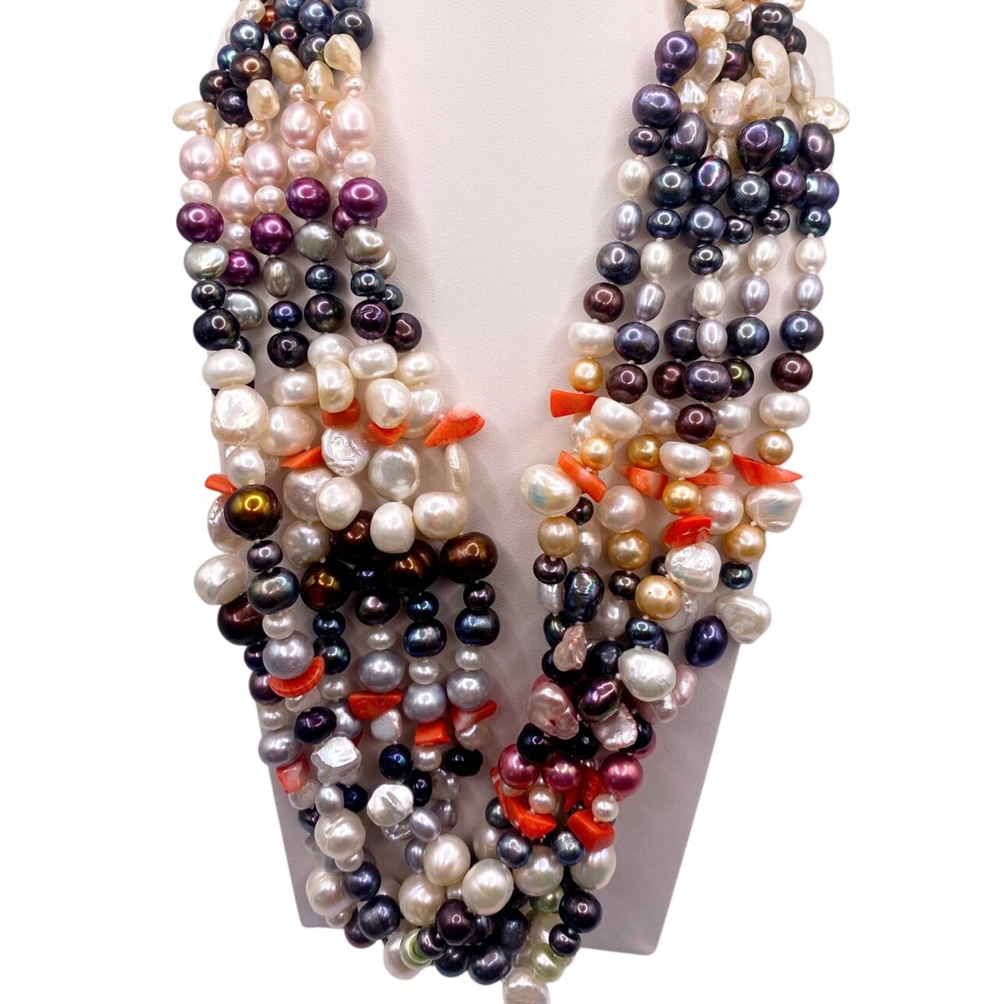 Multicolor Freshwater Pearl Multi strand Necklace Sterling Silver Closure