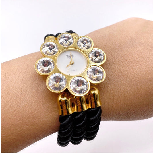Park Lane Vintage Flower Woman Watch With Sparkly Crystals and Fabric Cords 7”