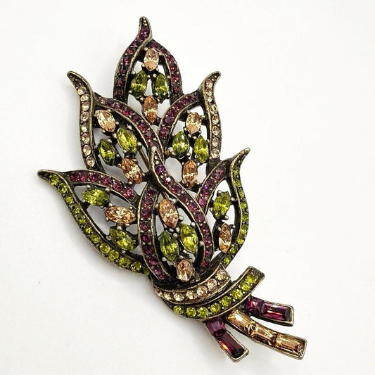 Vintage Floral Rhinestones Brooch 2”