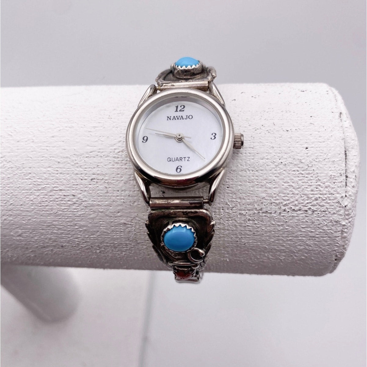 Navajo Sterling Silver Watch Stretchy Wrist Bracelet With Turquoise and Coral