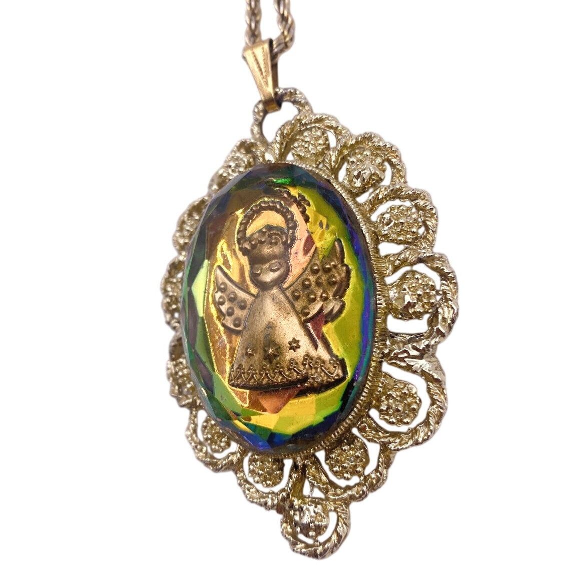 Vintage Glass Angel Intaglio Cameo Chrome Pendant 2" and Necklace 22” long