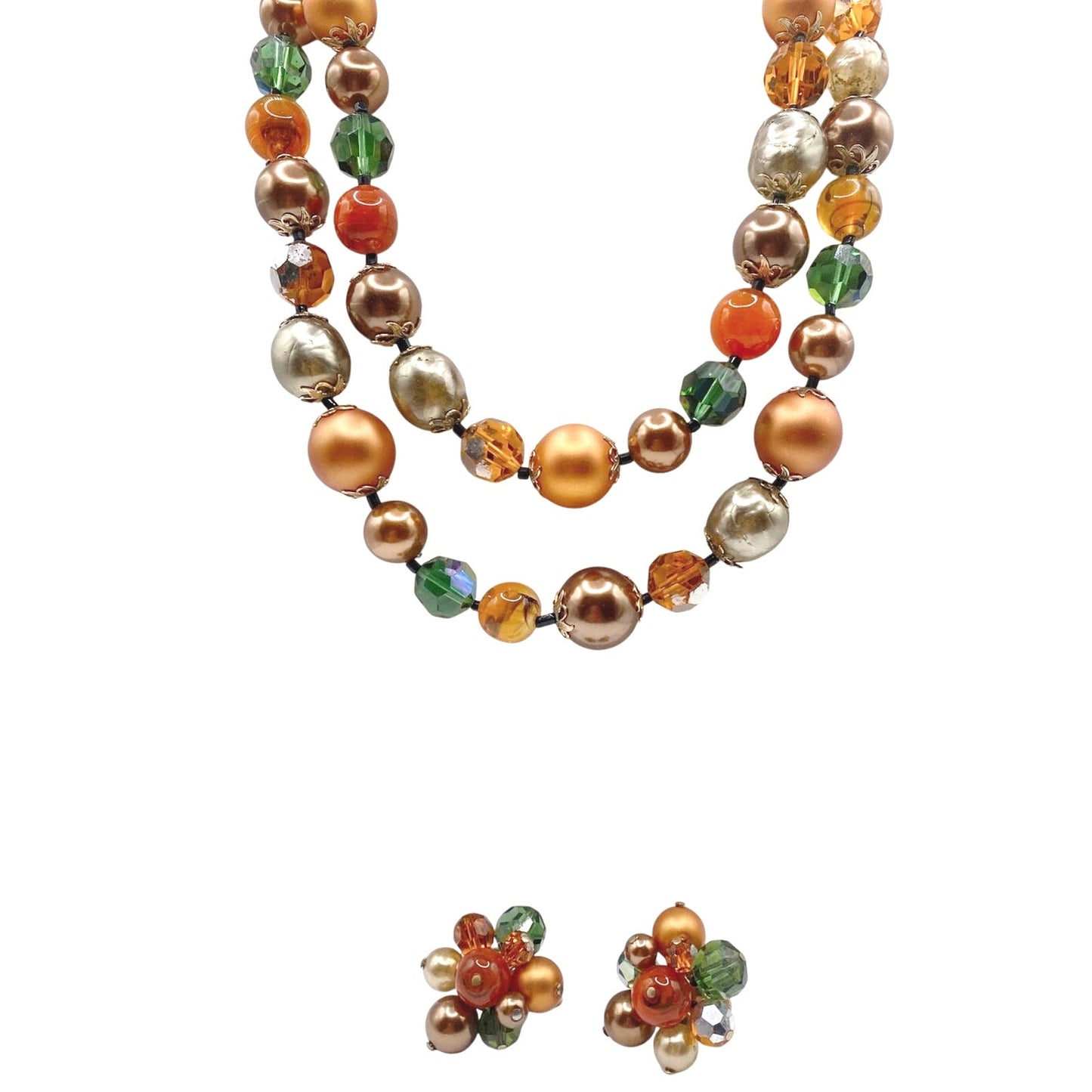 Vendome Lucite Beads Signed Autumn Tones Necklace and Clip On Earrings Set