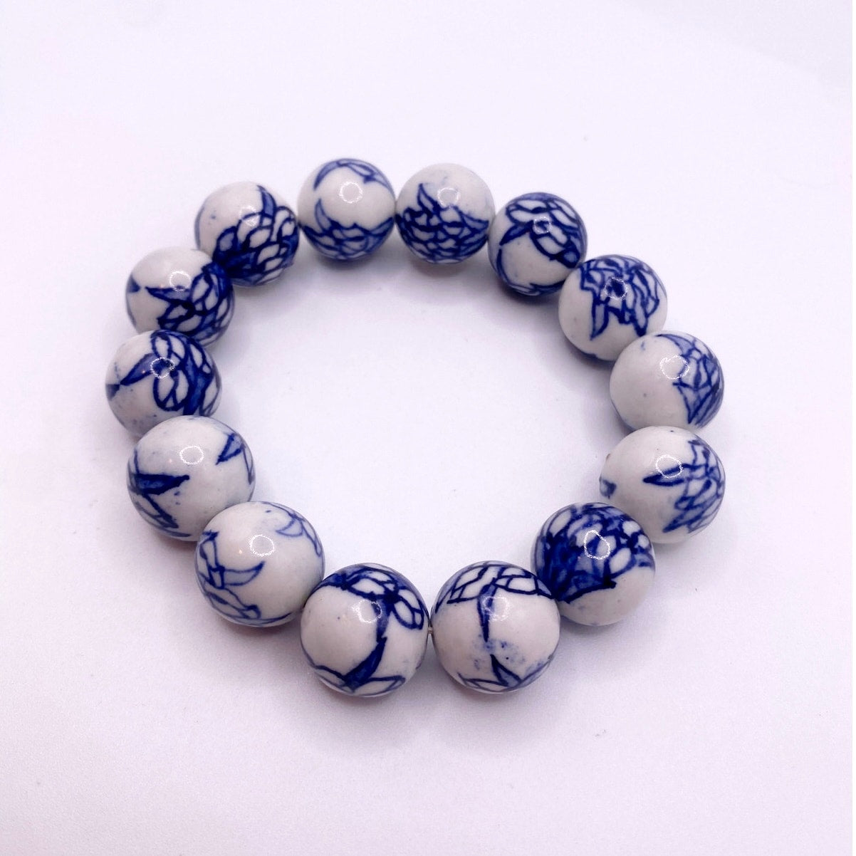 Vintage Chinese Hand-painted Ceramic Beads Stretchy Bracelet 6-7”