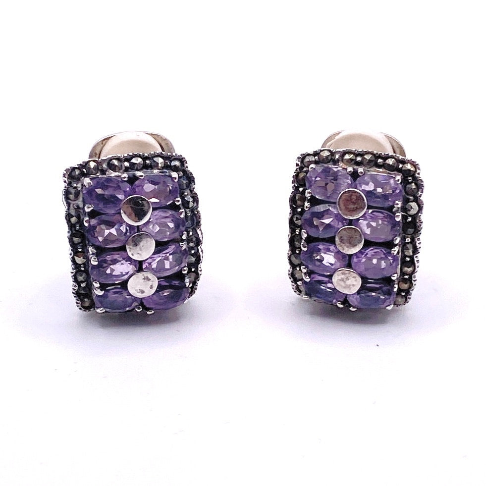 Sterling Silver And Amethyst Gems Vintage Clip On Earrings