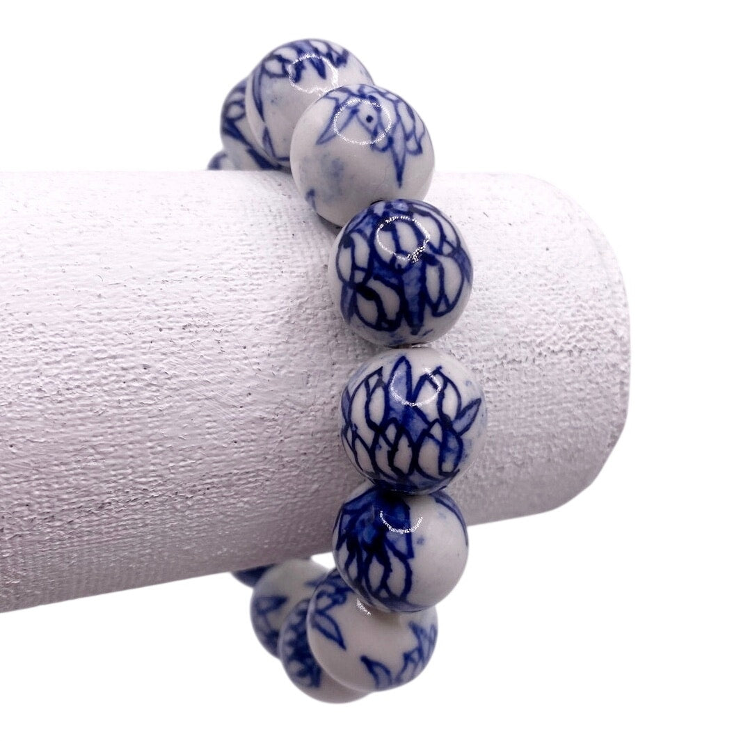 Vintage Chinese Hand-painted Ceramic Beads Stretchy Bracelet 6-7”