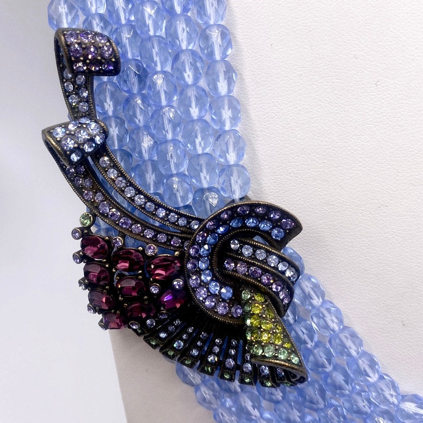 Heidi Daus Signed Sapphire Blue Glass Vintage Multistrand Necklace 16”