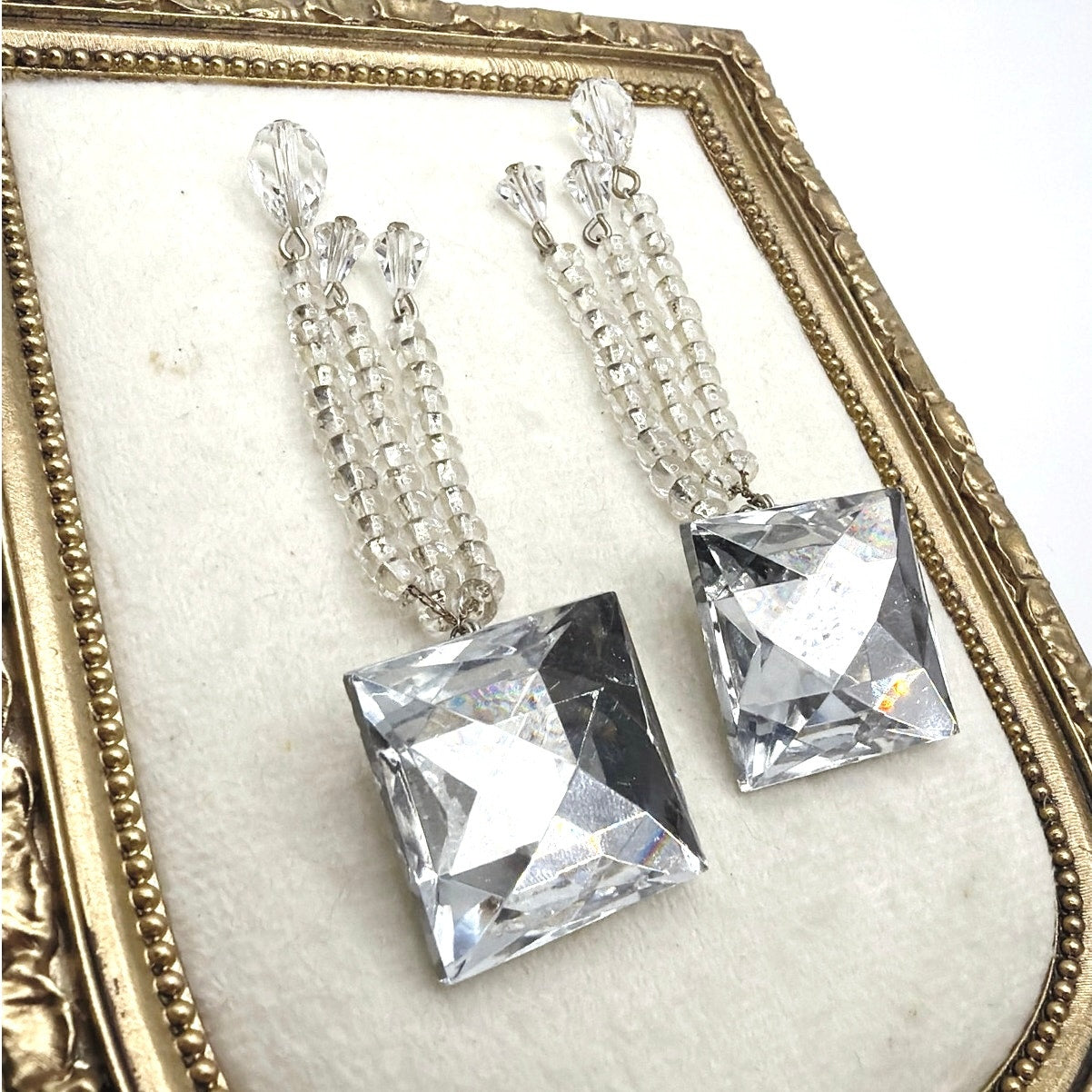 Vintage Square Crystal Rhinestones 4” Dangling Clip On Statement Earrings